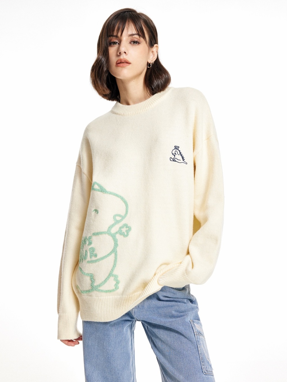 Dinosaur Pattern Sweater - Oversized Cream Ivory